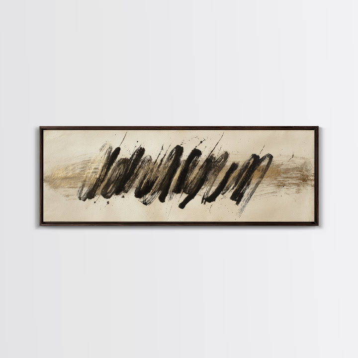 Abstract Gold Calligraphic Strokes on Ivory Paper Canvas Print, Calligraphy Art, Unique Wall Art, Living Room Decor, Script, CAL-3x1-42