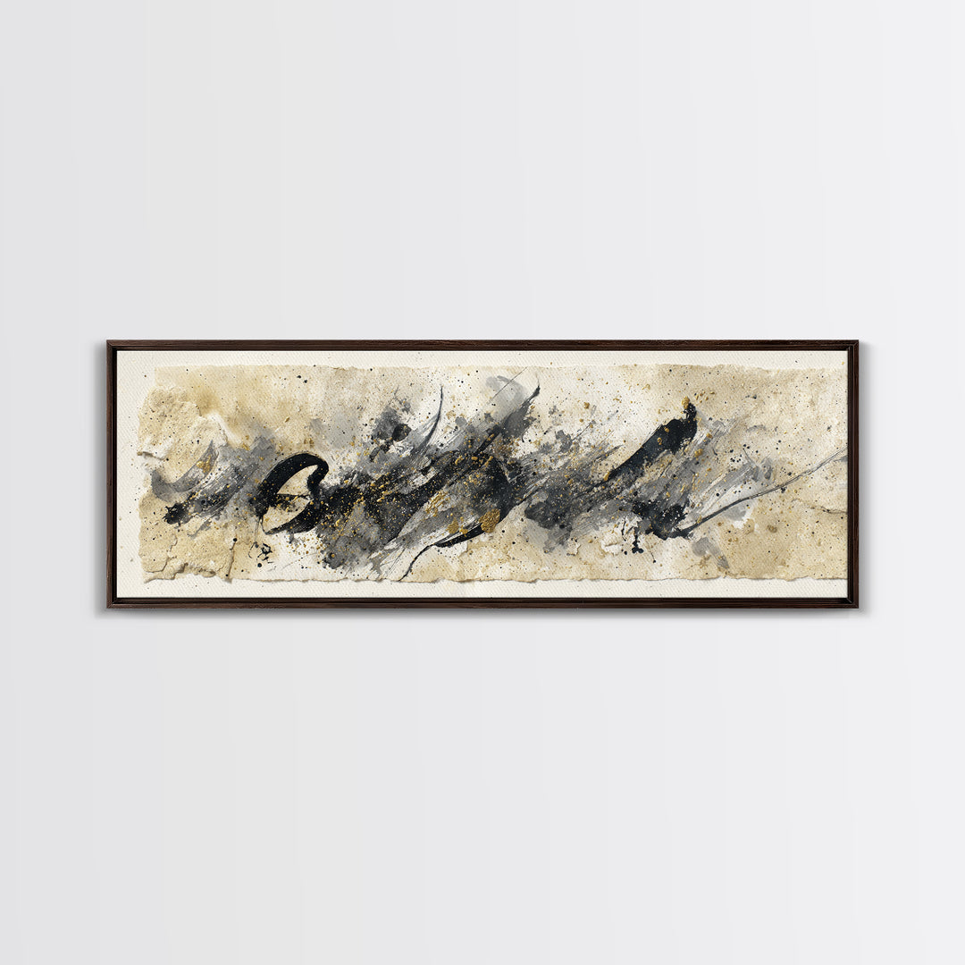 Monochrome Brush Alphabet Fragments as Abstract Texture Canvas Print, Calligraphy Art, Living Room Decor, Script, CAL-3x1-5