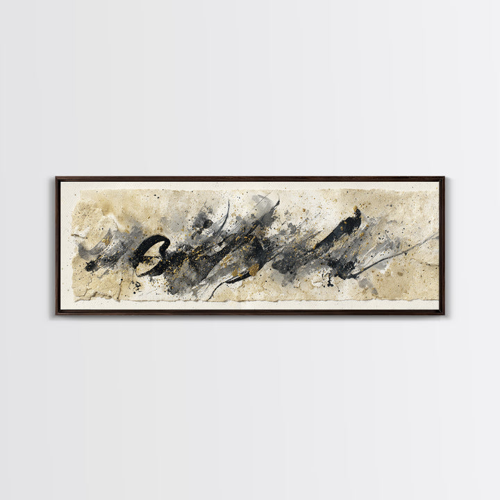 Monochrome Brush Alphabet Fragments as Abstract Texture Canvas Print, Calligraphy Art, Living Room Decor, Script, CAL-3x1-5