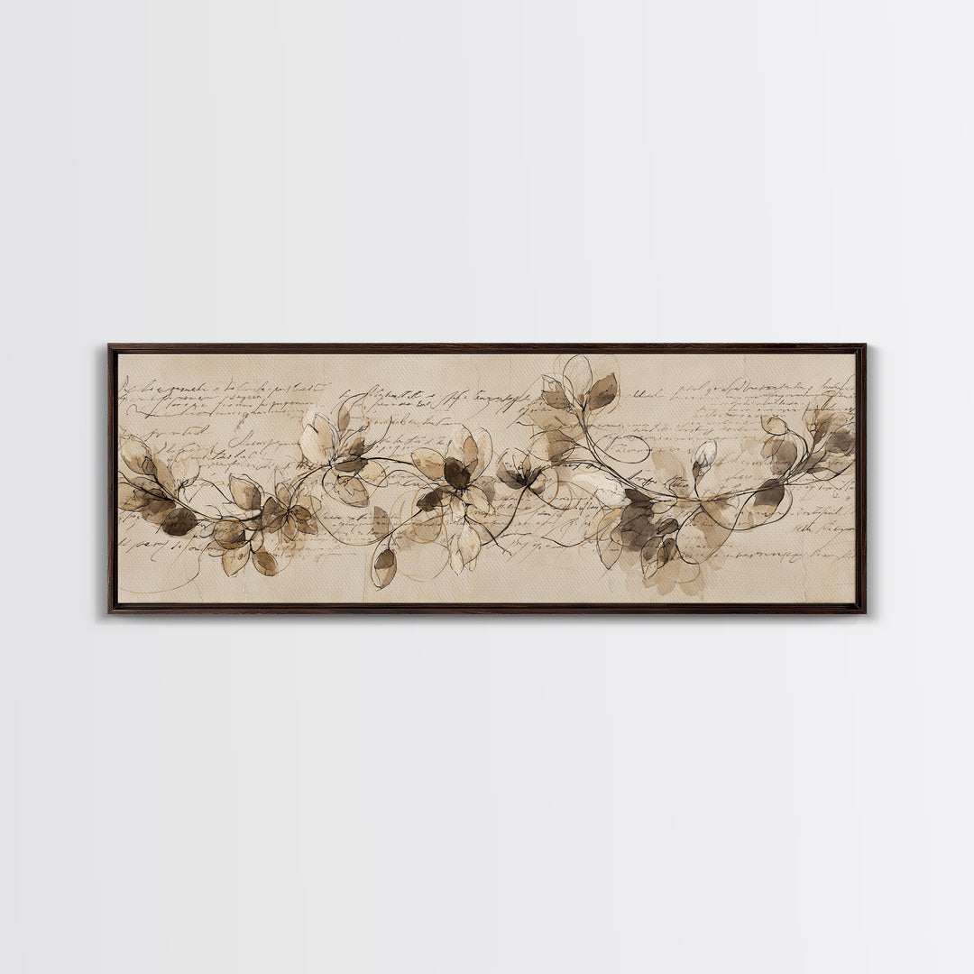 Floral Vine Created from Graceful Script Like Framed Canvas Print, Calligraphy Art, Living Room Decor, Oil Painting, Script, CAL-3x1-51