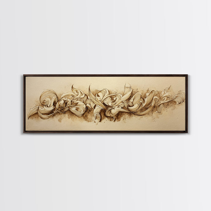 Baroque Scrollwork Made from Looping Pen Strokes Framed Canvas Print, Calligraphy Art, Room Decor, Living Room Decor, Script, CAL-3x1-52