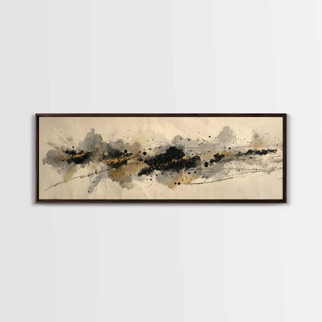 Ink Splatter and Long Brushstroke Composition Canvas Print, Calligraphy Art, Textured Painting, Living Room Decor, Script, CAL-3x1-56