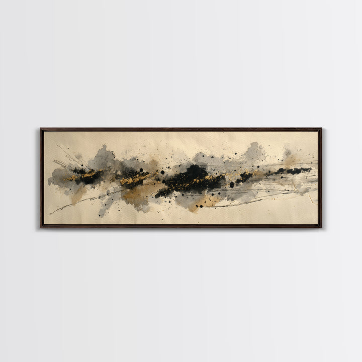 Ink Splatter and Long Brushstroke Composition Canvas Print, Calligraphy Art, Textured Painting, Living Room Decor, Script, CAL-3x1-56