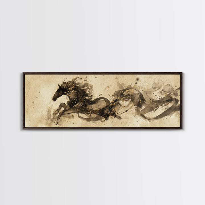 Calligraphic Horse Silhouette Made from One Line Framed Canvas Print, Calligraphy Art, Modern Art, Living Room Decor, Script, CAL-3x1-57