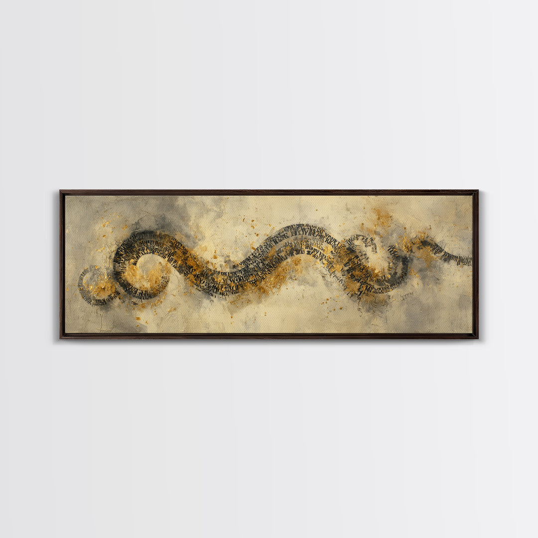 Gold Leaf Calligraphic Spiral on Plaster Surface Canvas Print, Calligraphy Art, Modern Art, Living Room Decor, Fine Art, Script, CAL-3x1-6