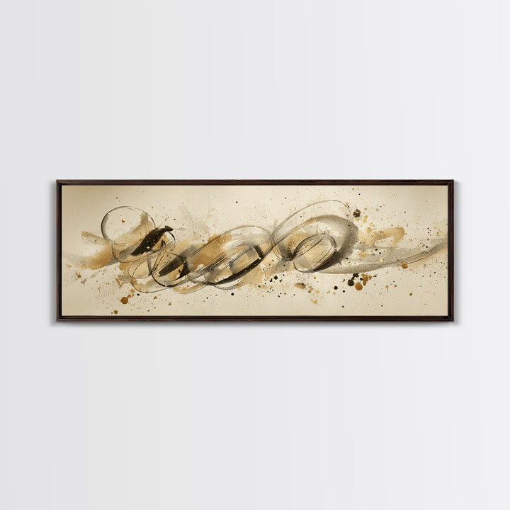 Abstract Gold Calligraphic Strokes on Ivory Paper Canvas Print, Calligraphy Art, Unique Wall Art, Living Room Decor, Script, CAL-3x1-66