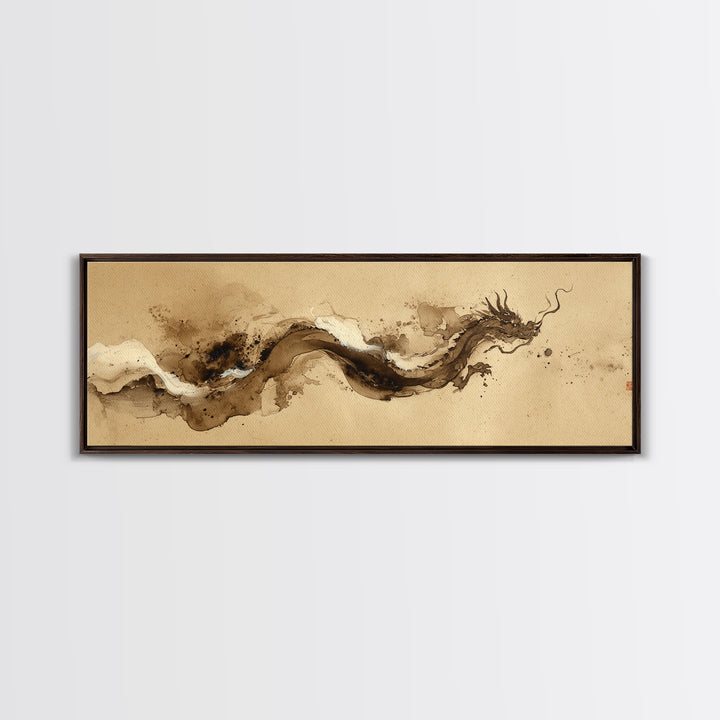 Ink Wash Dragon Curve Framed Canvas Print, Calligraphy Art, Digital Download Art, Living Room Decor, Fine Art, Script, CAL-3x1-73