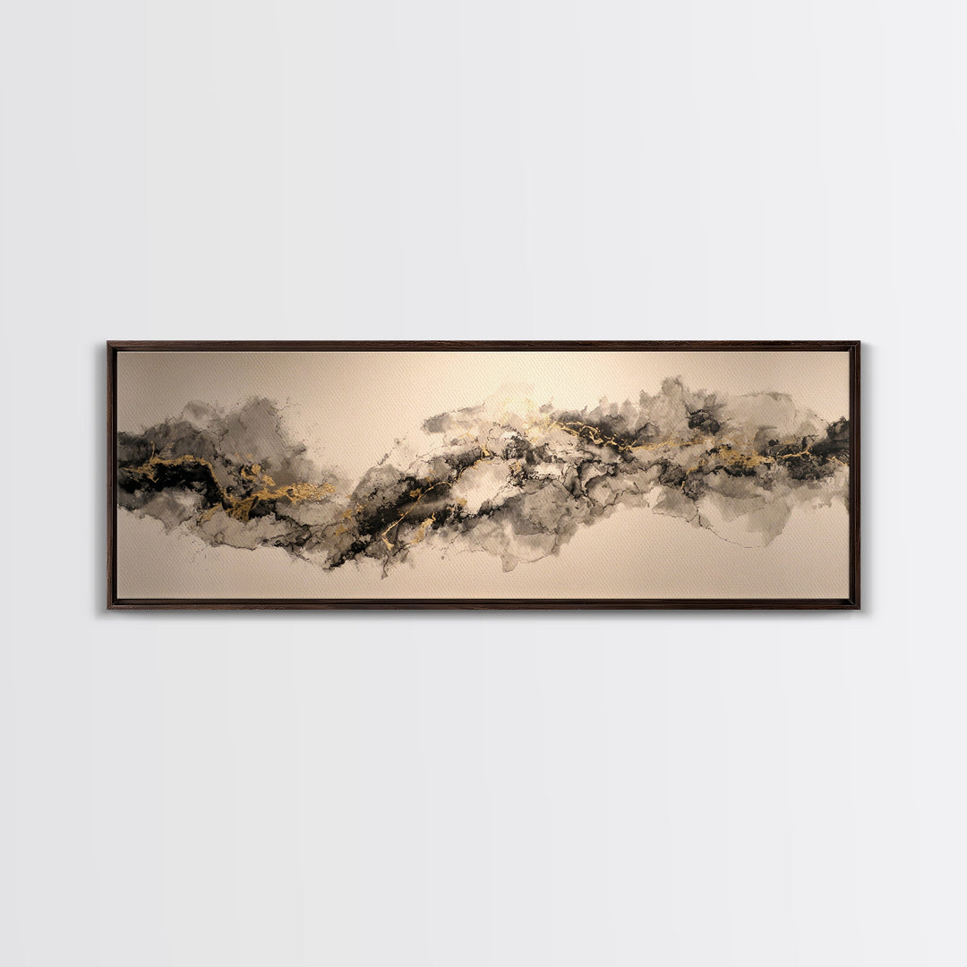 Ink Splatter and Long Brushstroke Composition Canvas Print, Calligraphy Art, Art, Living Room Decor, Fine Art, Script, CAL-3x1-80
