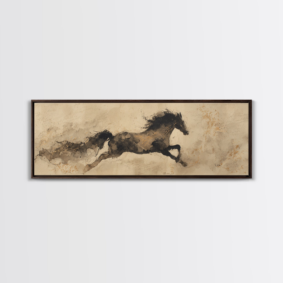 Calligraphic Horse Silhouette Made from One Line Framed Canvas Print, Calligraphy Art, Modern Art, Living Room Decor, Script, CAL-3x1-81
