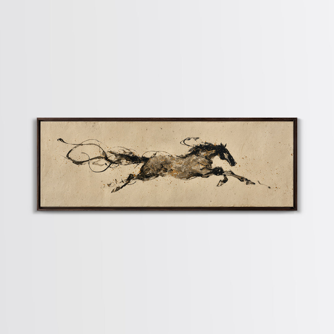 Calligraphic Horse Silhouette Made from One Line Framed Canvas Print, Calligraphy Art, Wallart, Living Room Decor, Script, CAL-3x1-9