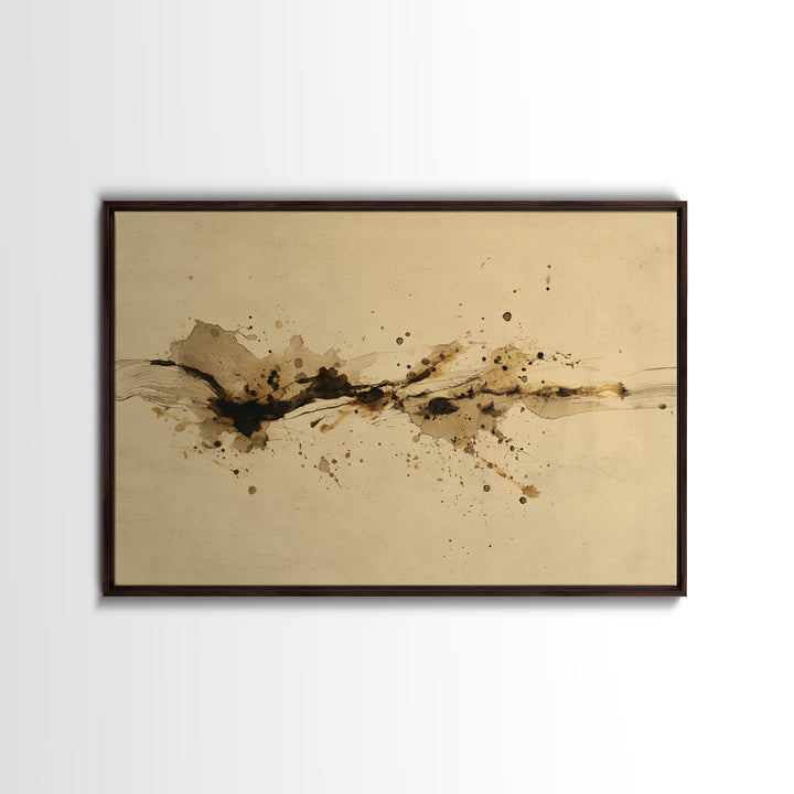 Ink Splatter and Long Brushstroke Composition Framed Canvas Print, Calligraphy Art, Unique Wall Art, Living Room Decor, Script, CAL-3x2-20