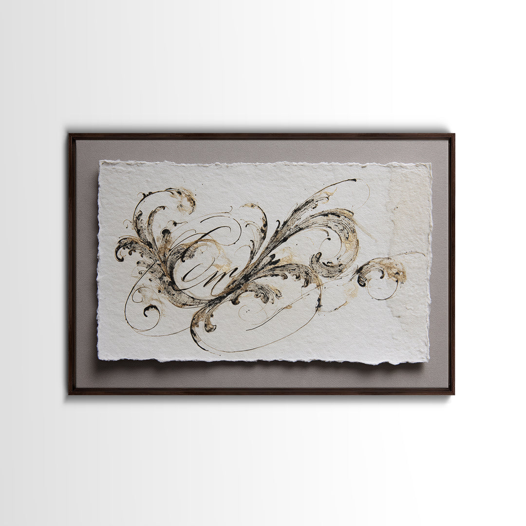 Baroque Scrollwork Made from Looping Pen Strokes Framed Canvas Print, Calligraphy Art, Custom Art, Living Room Decor, Script, CAL-3x2-40