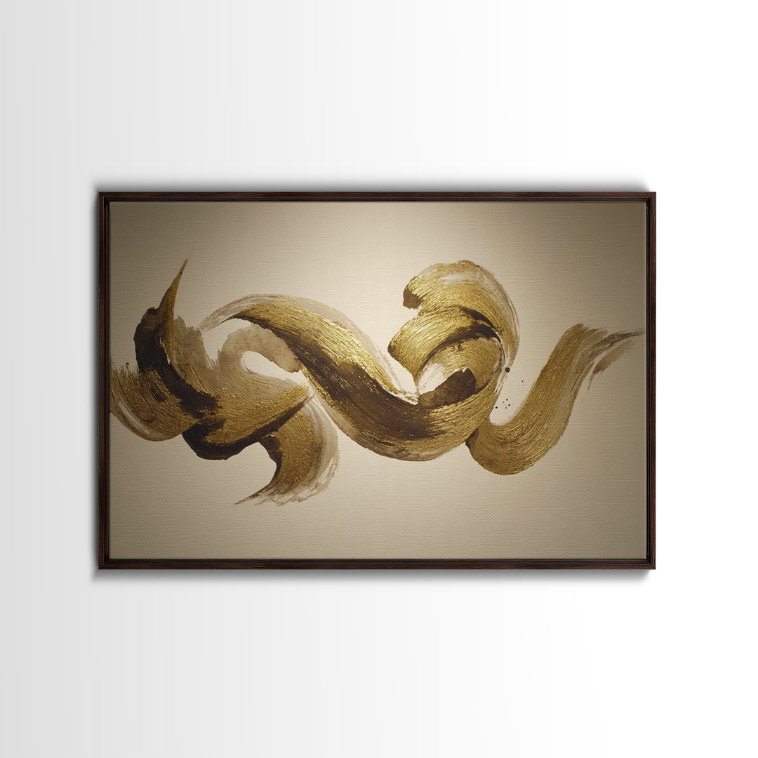 Abstract Gold Calligraphic Strokes on Ivory Paper Canvas Print, Calligraphy Art, Digital Print, Living Room Decor, Script, CAL-3x2-6