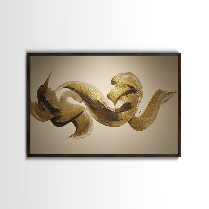 Abstract Gold Calligraphic Strokes on Ivory Paper Canvas Print, Calligraphy Art, Digital Print, Living Room Decor, Script, CAL-3x2-6