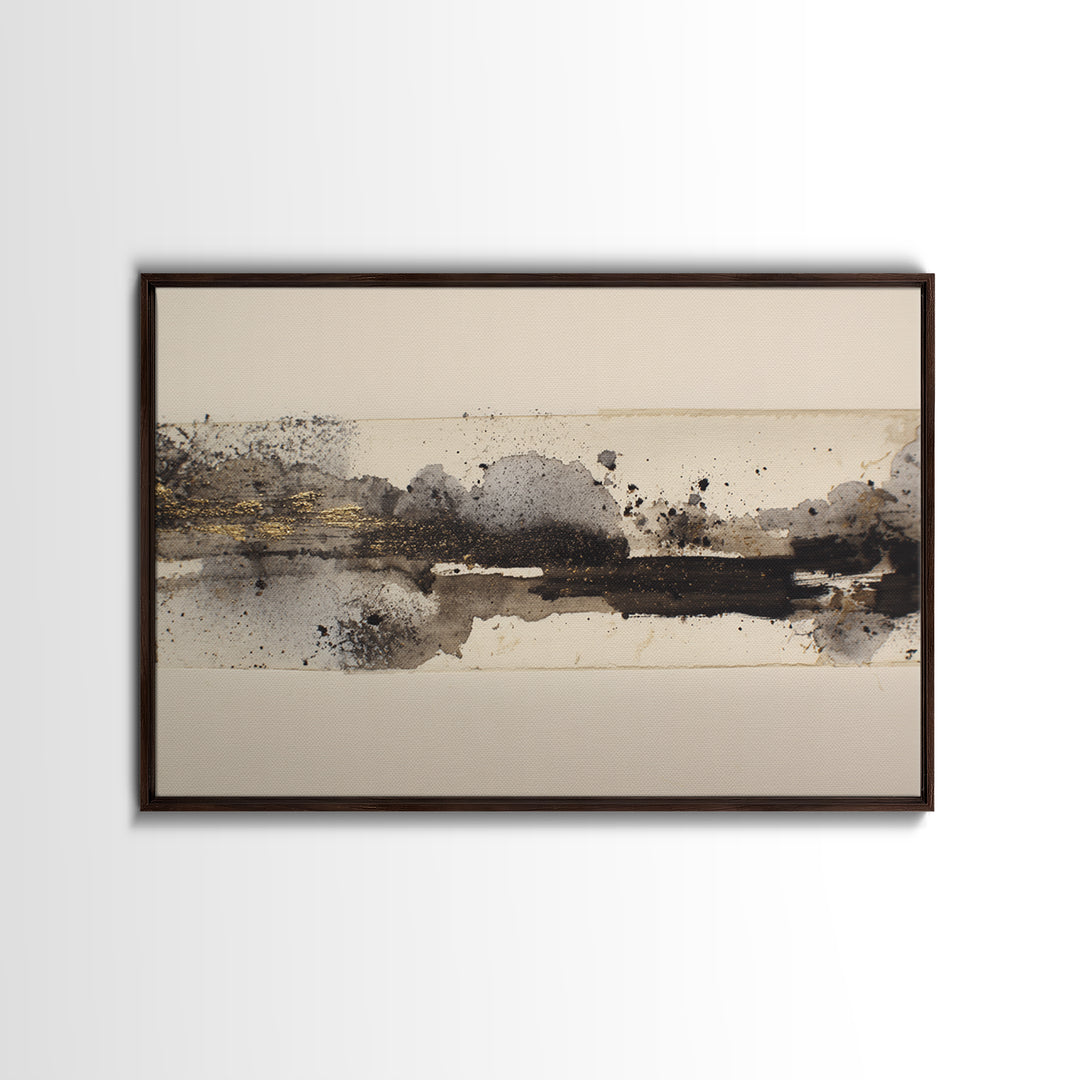 Ink Splatter and Long Brushstroke Composition Canvas Print, Calligraphy Art, Neutral Decor, Living Room Decor, Fine Art, Script, CAL-3x2-68