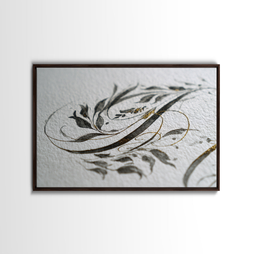 Botanical Calligraphy Pattern Framed Canvas Print, Calligraphy Art, Modern Wall Art, Living Room Decor, Fine Art, Script, CAL-3x2-74