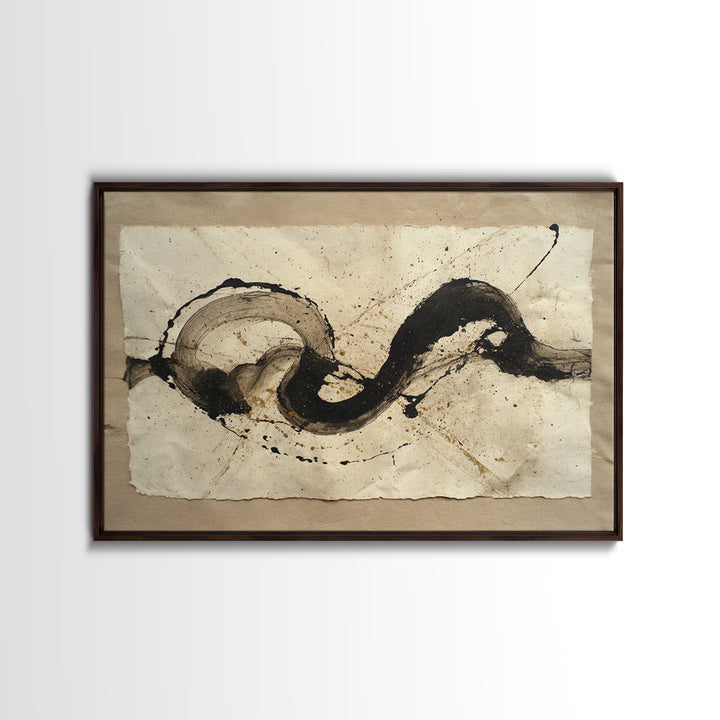 Large Sweeping Black Ink Gesture Like a Framed Canvas Print, Calligraphy Art, Gallery Decor, Living Room Decor, Script, CAL-3x2-77