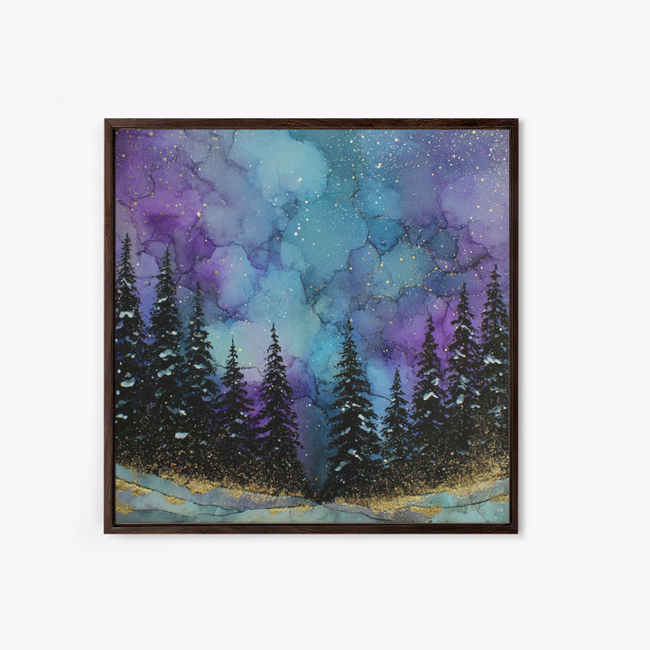 Aurora Borealis over Snowy Pines Framed Canvas Print, Celestial Art, Art Nouveau Decor, Living Room Decor, Fine Art, Celestial, CEL-1x1-41