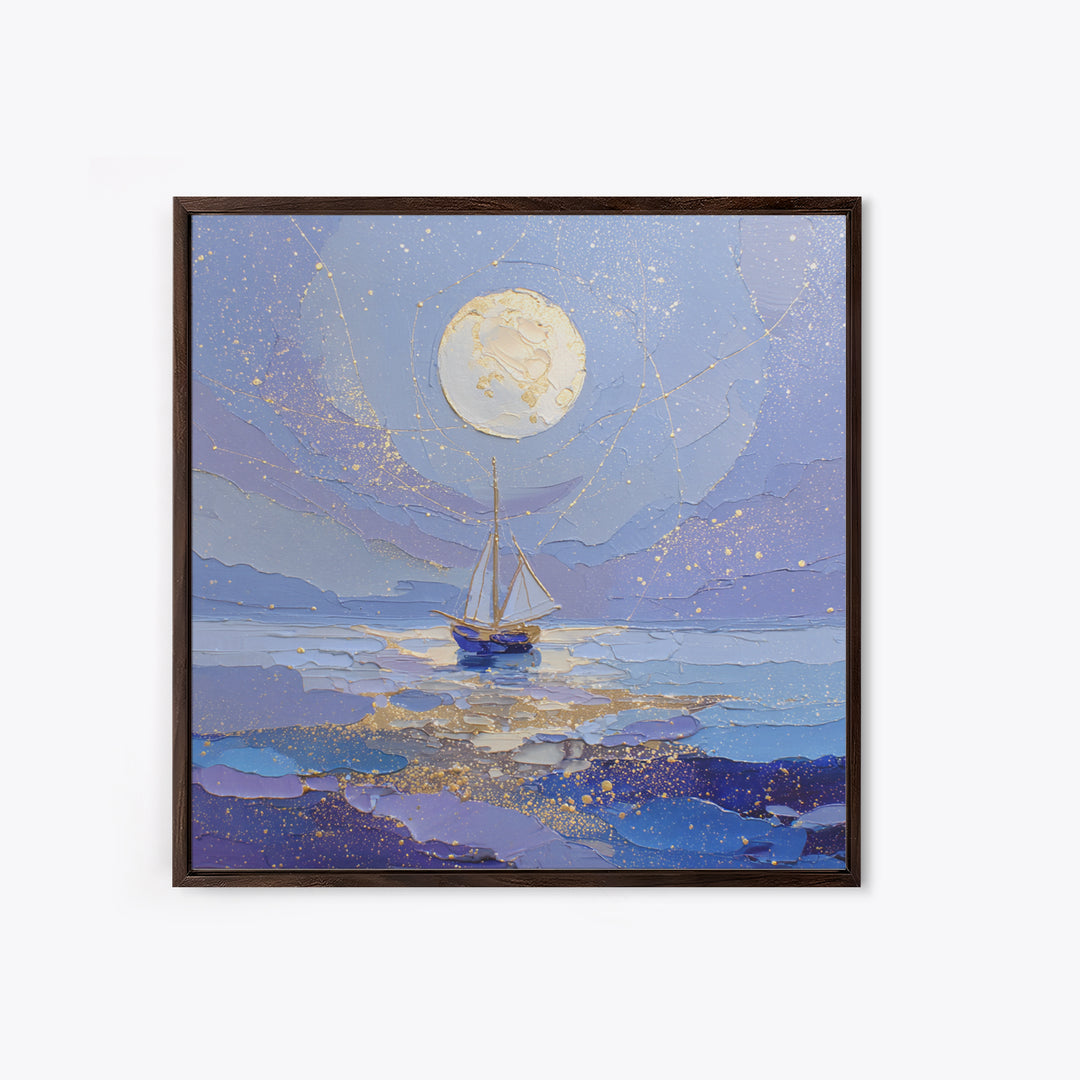 Tiny Sailboat Beneath a Huge Moon Framed Canvas Print, Celestial Art, Modern Art, Living Room Decor, Oil Painting, Celestial, CEL-1x1-43