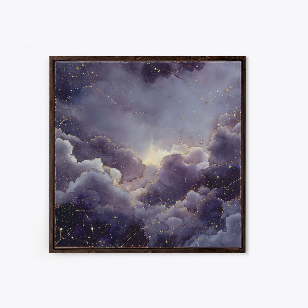 Moonlit Cloudscape with Silver Highlights Framed Canvas Print, Celestial Art, Animal Prints, Living Room Decor, Abstract Art, CEL-1x1-57