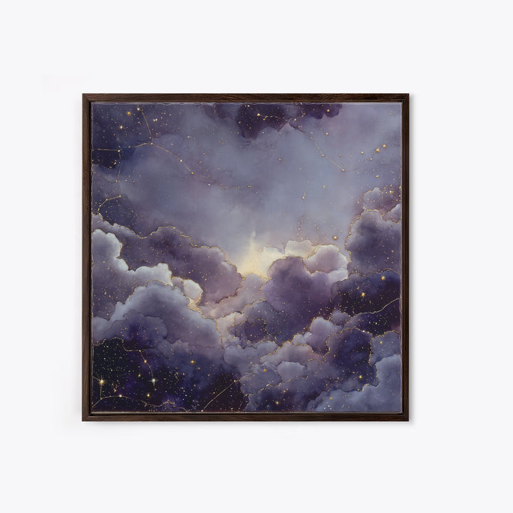Moonlit Cloudscape with Silver Highlights Framed Canvas Print, Celestial Art, Animal Prints, Living Room Decor, Abstract Art, CEL-1x1-57