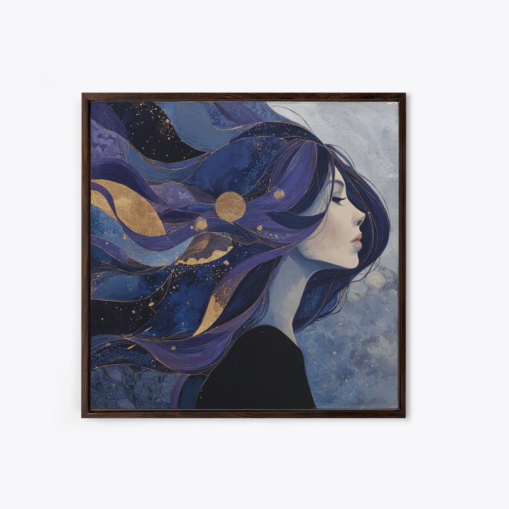 Celestial Goddess with Flowing Midnight Hair Framed Canvas Print, Celestial Art, Celestial, Living Room Decor, Celestial, CEL-1x1-7