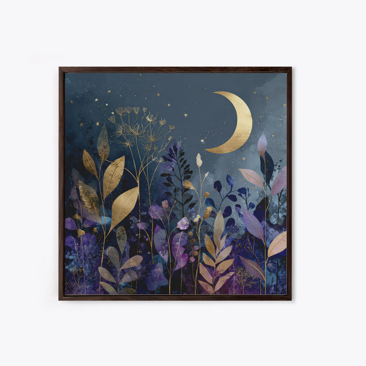 Lunar Phase Arc Above Delicate Botanicals Canvas Print, Celestial Art, Collage Art, Living Room Decor, Watercolor Art, CEL-1x1-76
