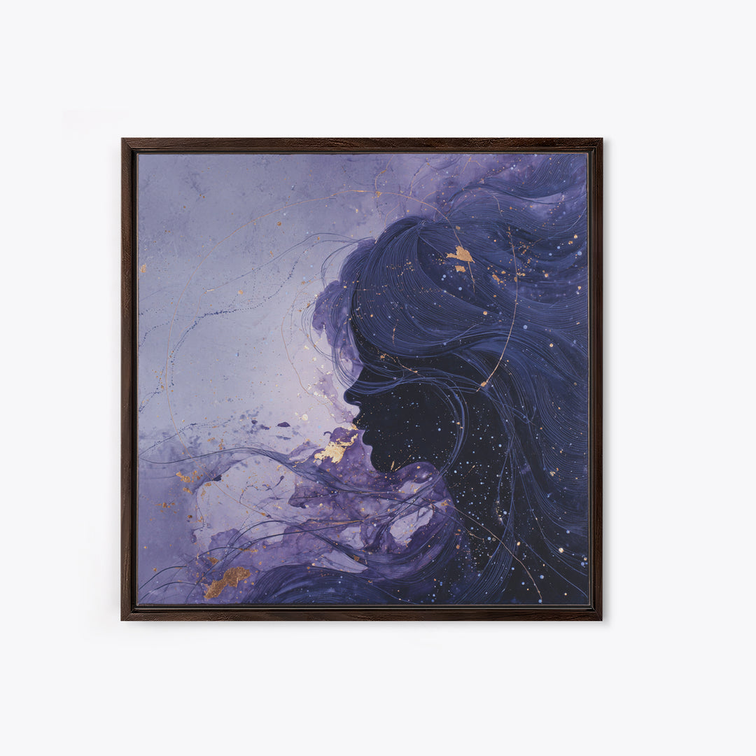 Celestial Goddess with Flowing Midnight Hair Framed Canvas Print, Celestial Art, Wall Decor, Living Room Decor, Celestial, CEL-1x1-79