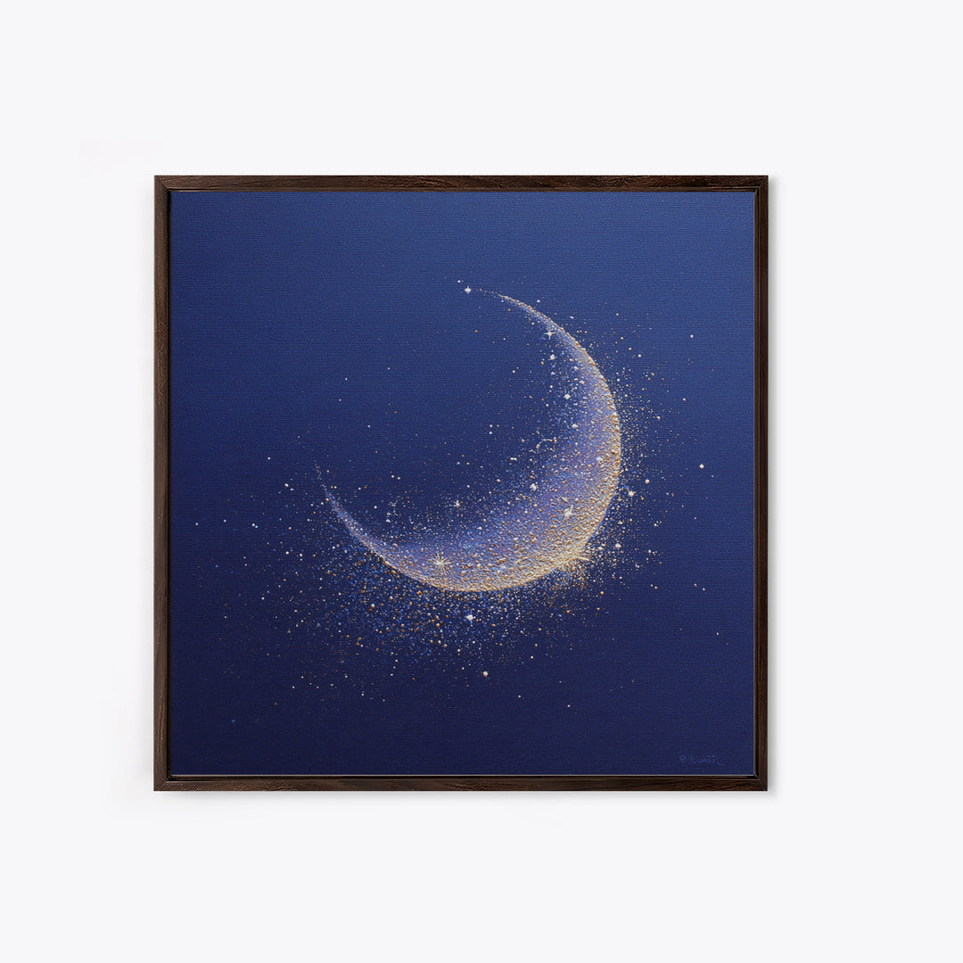 Crescent Moon Cradling a Cluster of Stars Canvas Print, Celestial Art, Luxury Decor, Living Room Decor, Oil Painting, Celestial, CEL-1x1-97