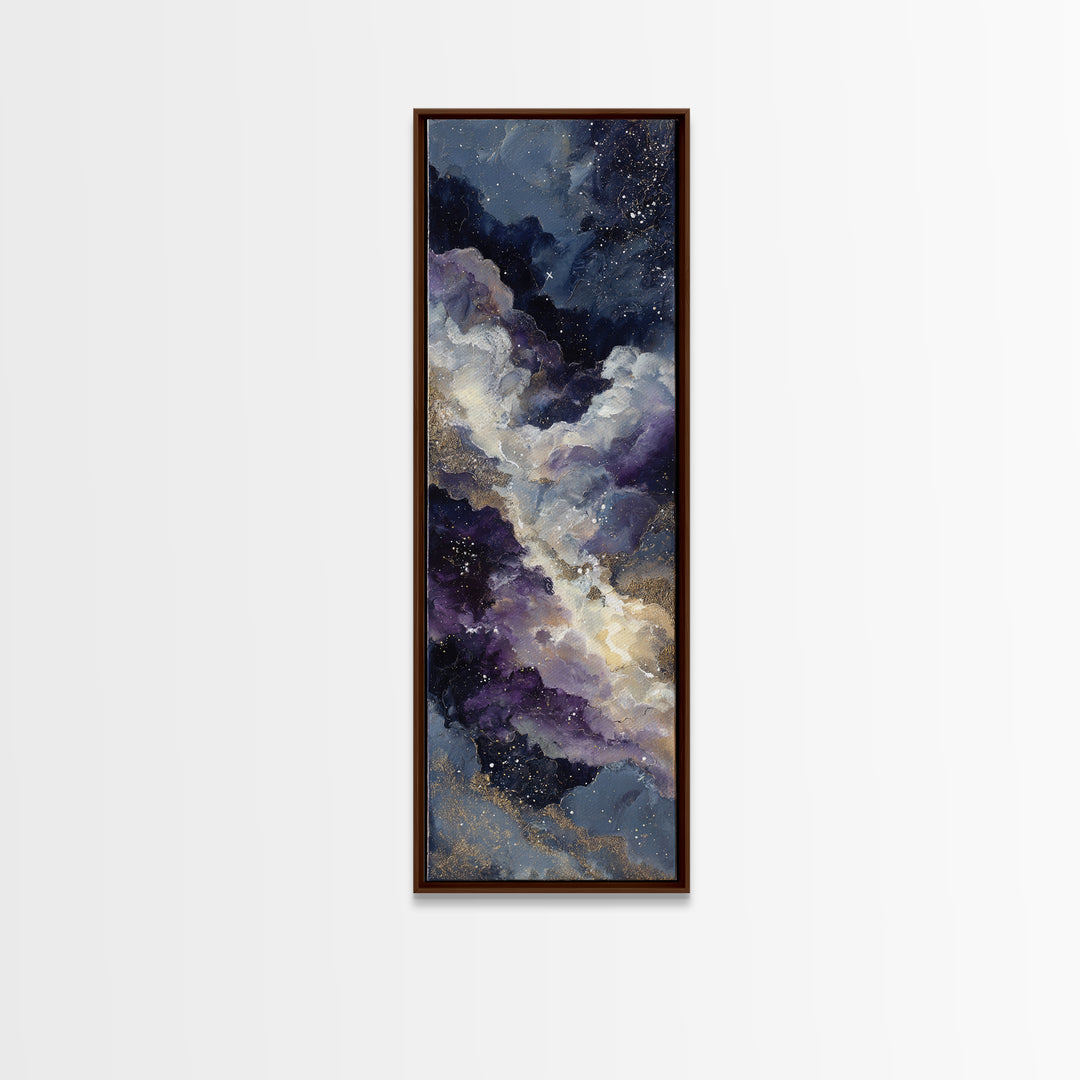 Moonlit Cloudscape with Silver Highlights Framed Canvas Print, Celestial Art, Fantasy Art, Living Room Decor, Oil Painting, CEL-1x3-45