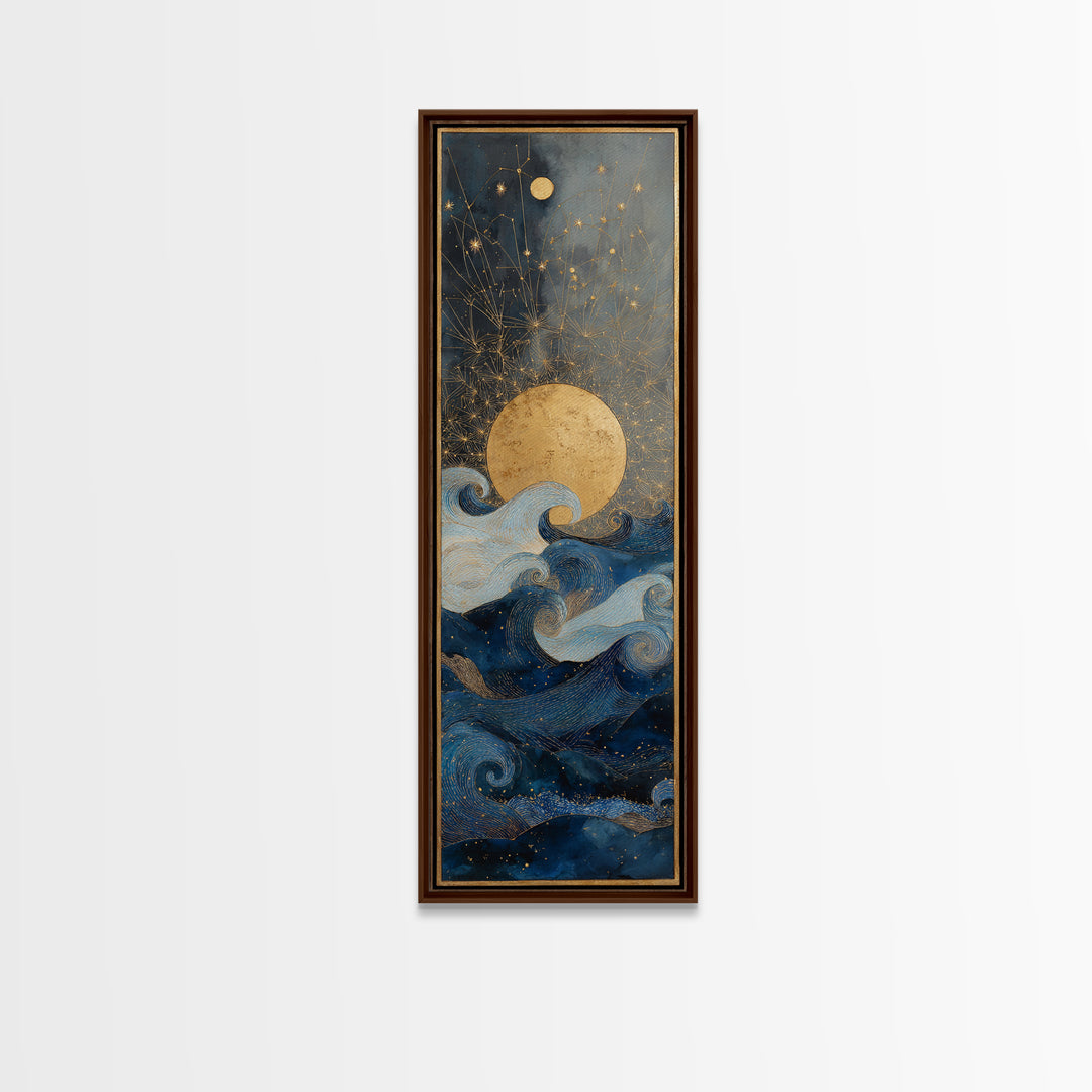 Golden Sun over Abstract Ocean Waves Framed Canvas Print, Celestial Art, Witchy Decor, Living Room Decor, Fine Art, Celestial, CEL-1x3-83