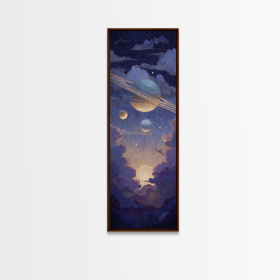 Glowing Planet with Rings and Tiny Moons Canvas Print, Celestial Art, Modern Decor, Living Room Decor, Oil Painting, Celestial, CEL-1x3-90