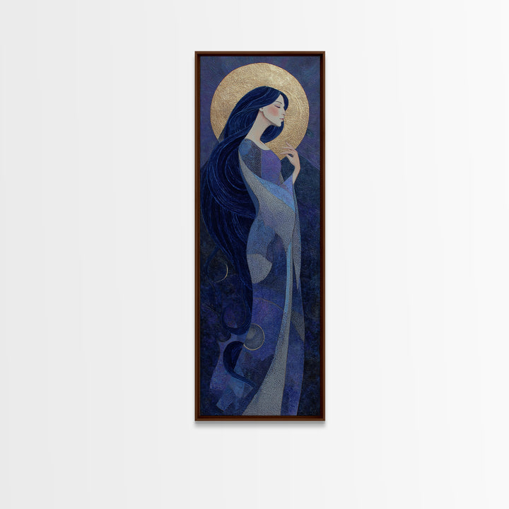 Celestial Goddess with Flowing Midnight Hair Framed Canvas Print, Celestial Art, Retro Wall Art, Living Room Decor, Celestial, CEL-1x3-91