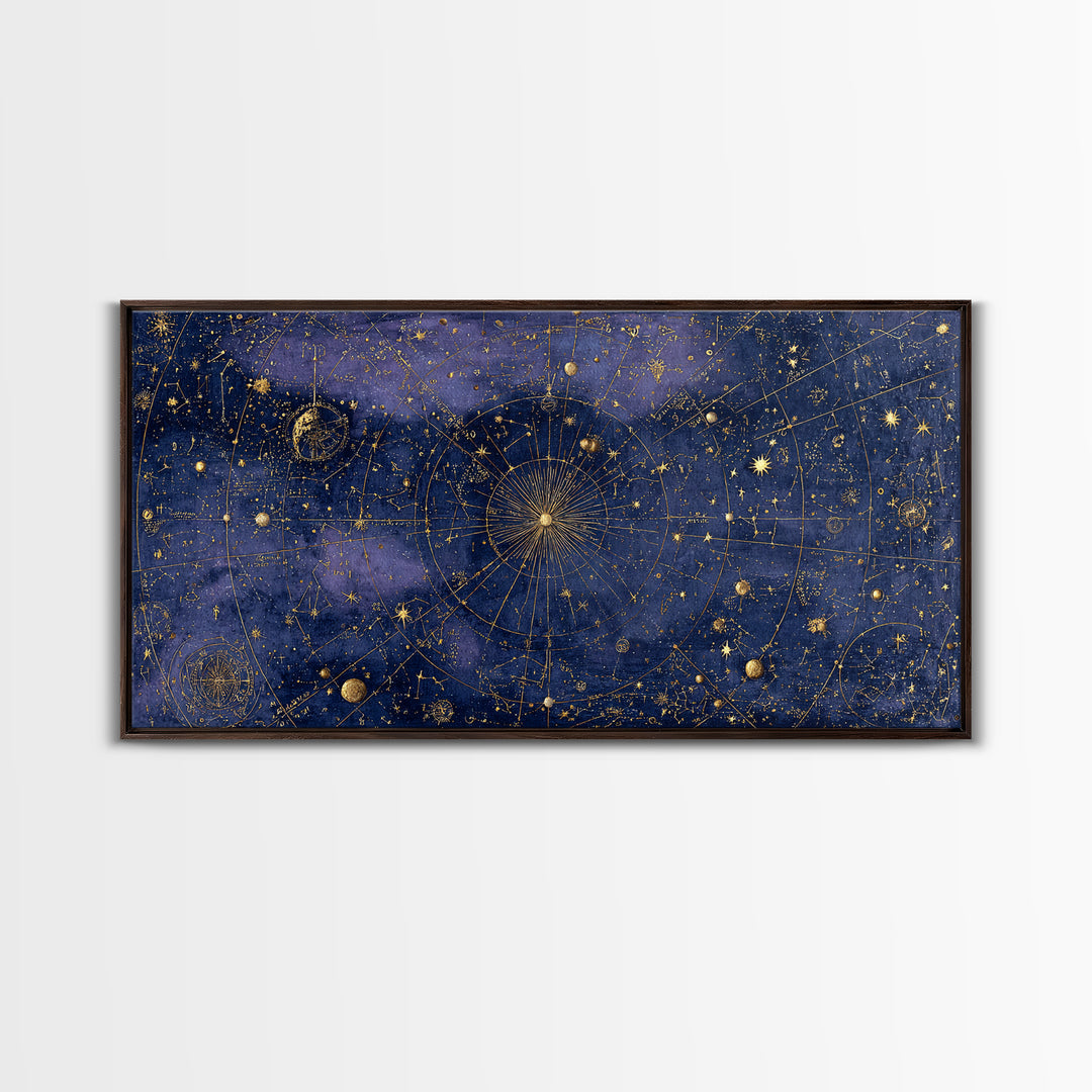 Gold Constellation Map on Deep Navy Texture Framed Canvas Print, Celestial Art, Whimsical Art, Living Room Decor, Celestial, CEL-2x1-100