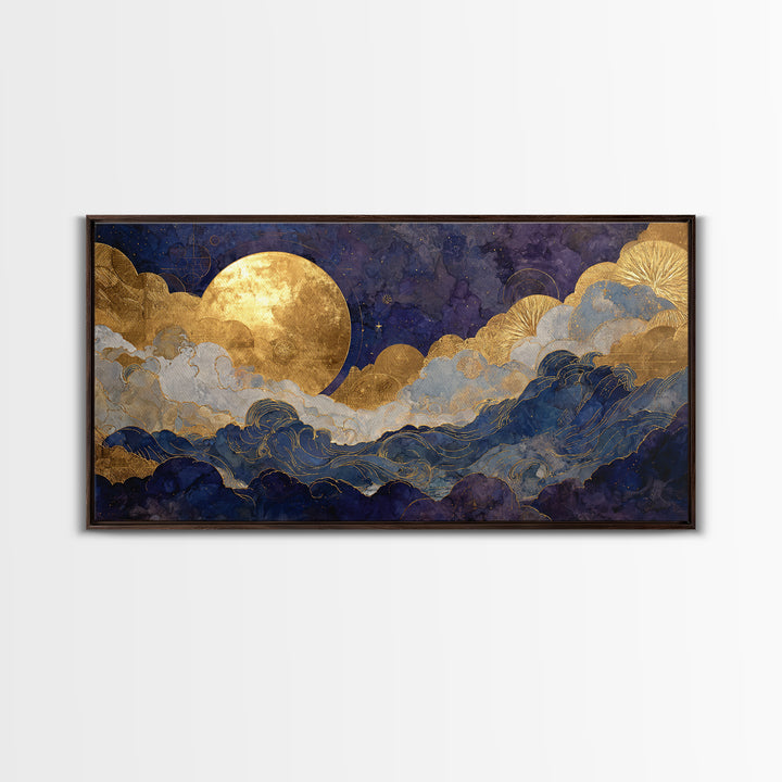 Golden Sun over Abstract Ocean Waves Framed Canvas Print, Celestial Art, Collage Art, Living Room Decor, Fine Art, Celestial, CEL-2x1-19