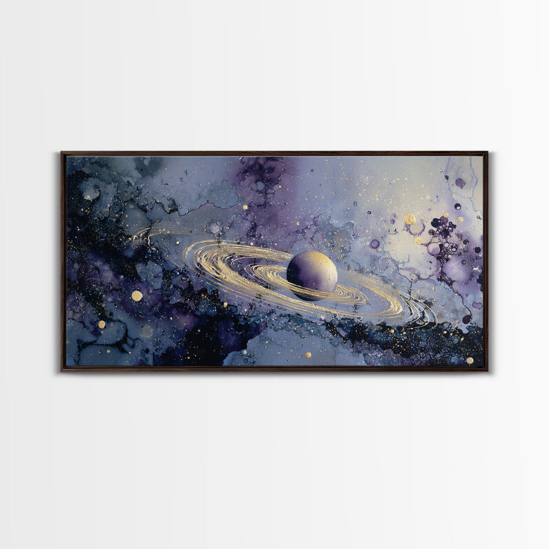 Glowing Planet with Rings and Tiny Moons Canvas Print, Celestial Art, Neutral Decor, Living Room Decor, Abstract Art, Celestial, CEL-2x1-2