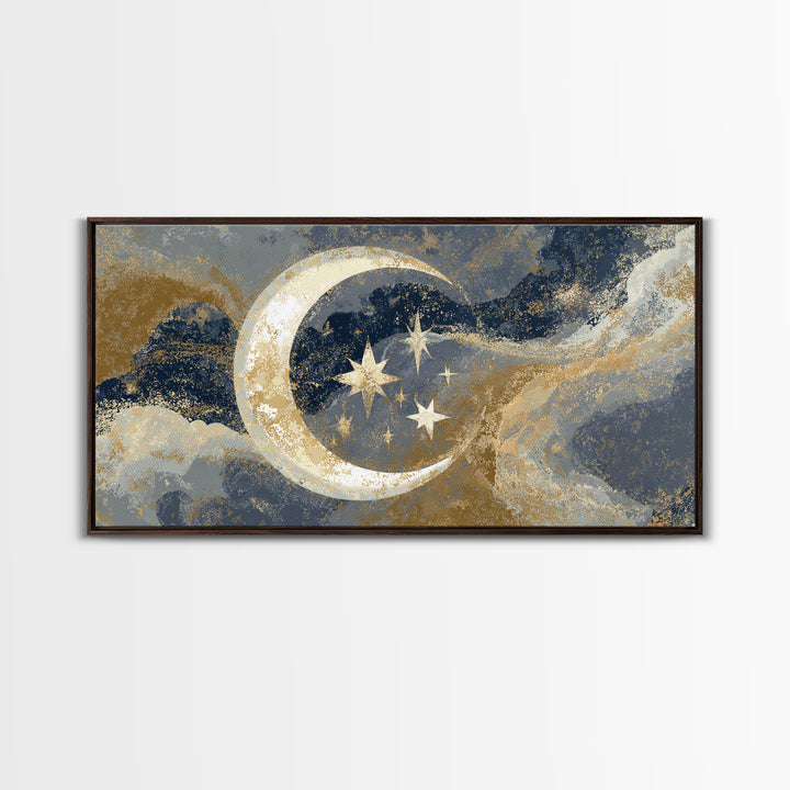 Crescent Moon Cradling a Cluster of Stars Canvas Print, Celestial Art, Luxury Decor, Living Room Decor, Oil Painting, Celestial, CEL-2x1-21