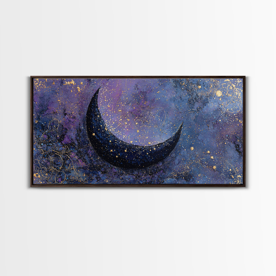 Crescent Moon Cradling a Cluster of Stars Framed Canvas Print, Celestial Art, Contemporary Art, Living Room Decor, Celestial, CEL-2x1-45