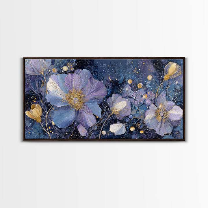 Moon Garden with Night Blooming Flowers Framed Canvas Print, Celestial Art, Minimalist Decor, Living Room Decor, Celestial, CEL-2x1-65