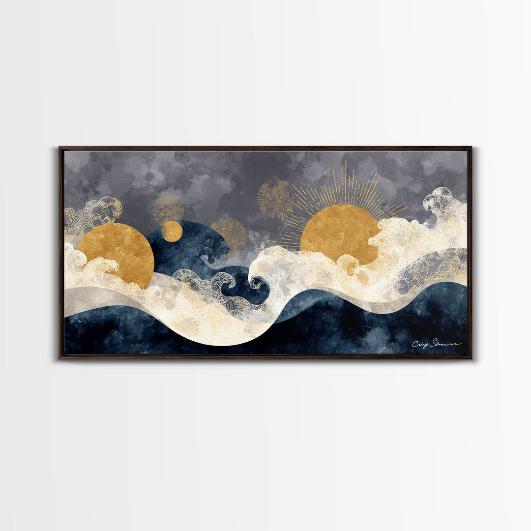 Golden Sun over Abstract Ocean Waves Framed Canvas Print, Celestial Art, Art Nouveau Decor, Living Room Decor, Celestial, CEL-2x1-67