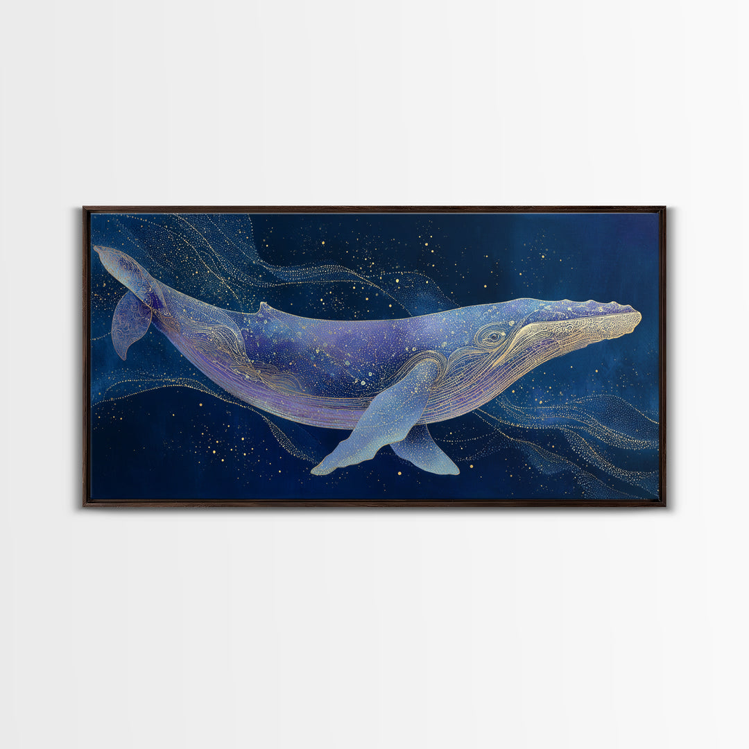 Cosmic Whale Swimming Through a Star Field Framed Canvas Print, Celestial Art, Digital Print, Living Room Decor, Celestial, CEL-2x1-97