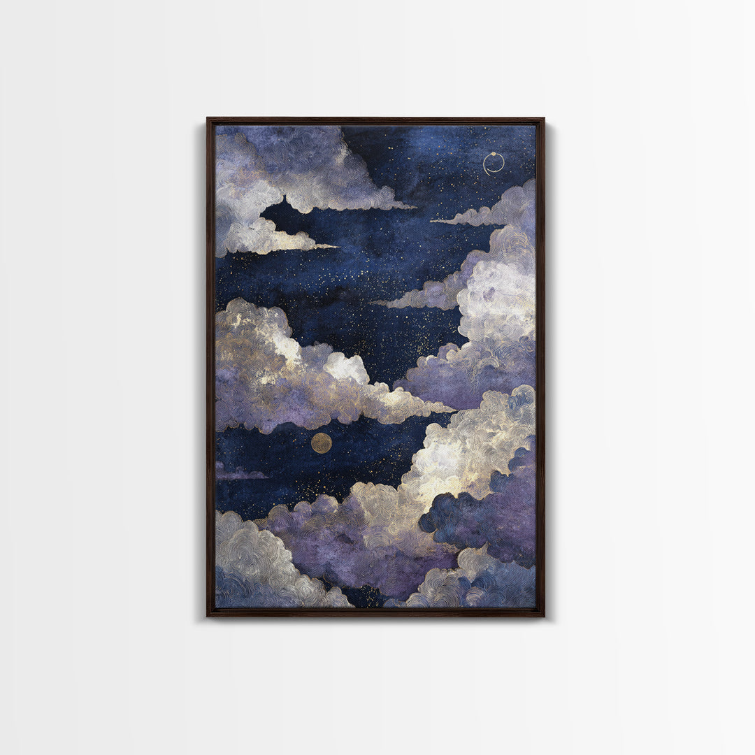 Moonlit Cloudscape with Silver Highlights Canvas Print, Celestial Art, Textured Painting, Living Room Decor, Celestial, CEL-2x3-17