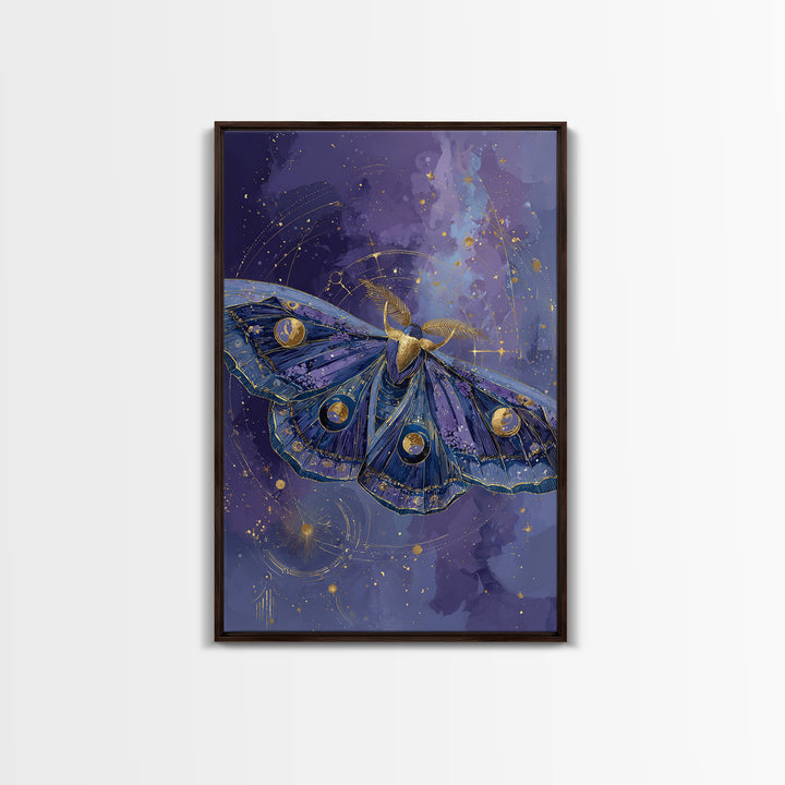 Celestial Moth with Moon Markings Framed Canvas Print, Celestial Art, Gallery Decor, Living Room Decor, Abstract Art, Celestial, CEL-2x3-26