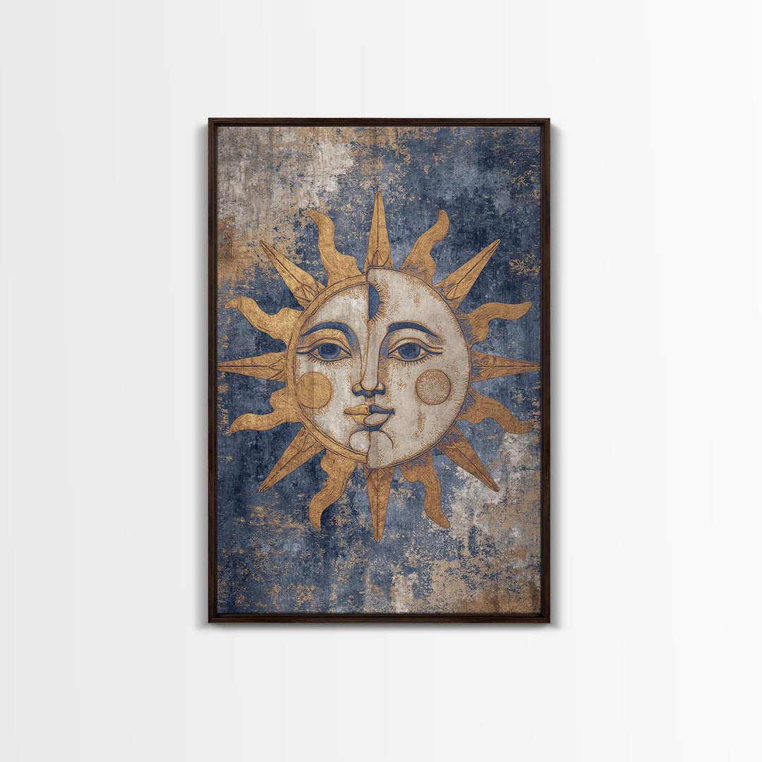 Sun and Moon Faces Framed Canvas Print, Celestial Art, Luxury Decor, Living Room Decor, Oil Painting, Celestial, Digital Print, CEL-2x3-34