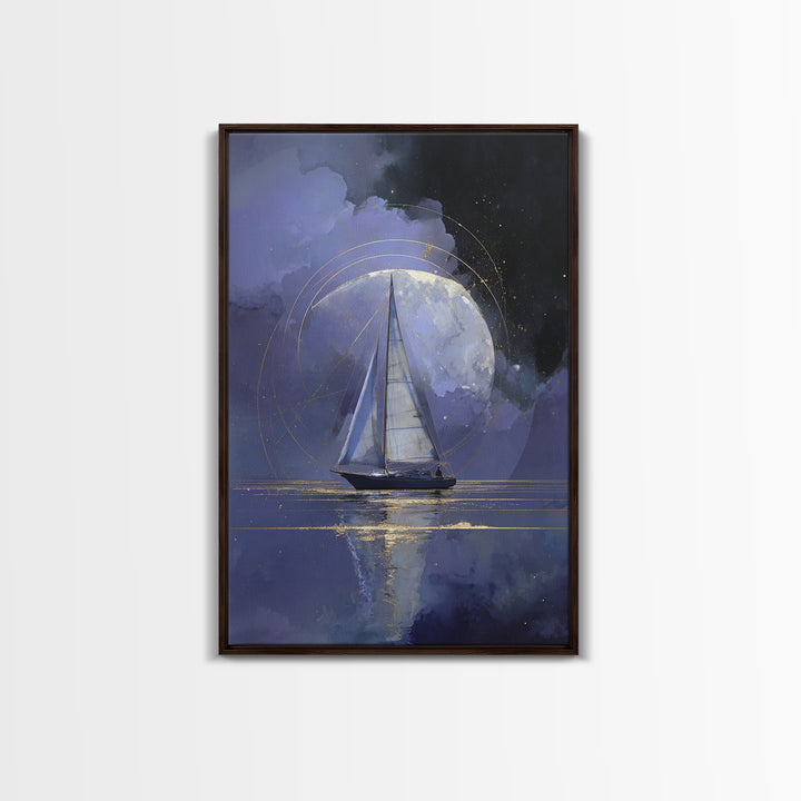Tiny Sailboat Beneath a Huge Moon Framed Canvas Print, Celestial Art, Animal Prints, Living Room Decor, Oil Painting, Celestial, CEL-2x3-51