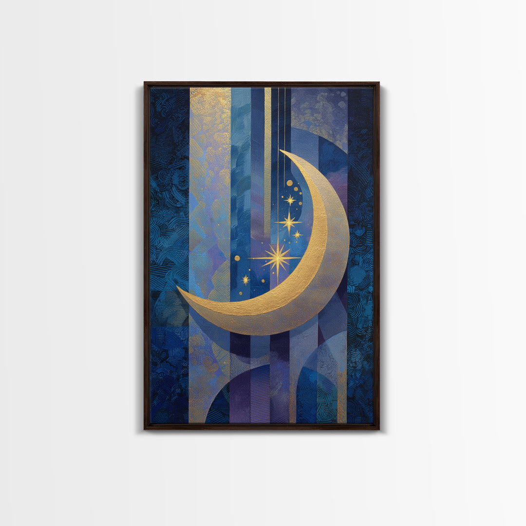 Crescent Moon Cradling a Cluster of Stars Canvas Print, Celestial Art, Living Room Decor, Oil Painting, Celestial, CEL-2x3-57