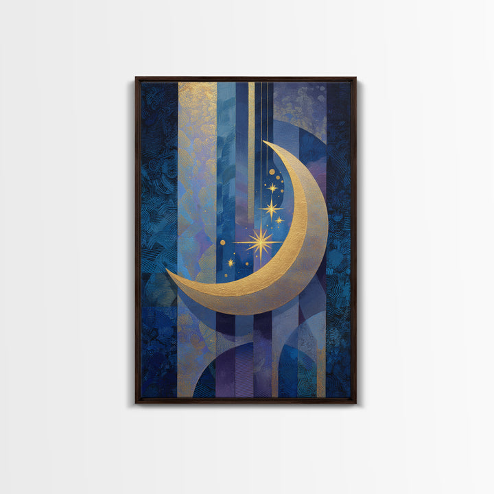 Crescent Moon Cradling a Cluster of Stars Canvas Print, Celestial Art, Living Room Decor, Oil Painting, Celestial, CEL-2x3-57