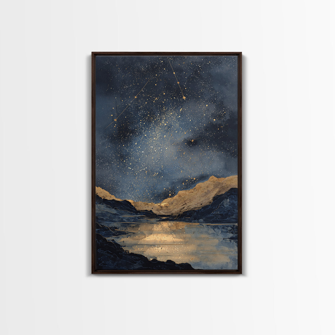 Night Sky over a Quiet Mountain Lake Framed Canvas Print, Celestial Art, Boho Decor, Living Room Decor, Fine Art, Celestial, CEL-2x3-59