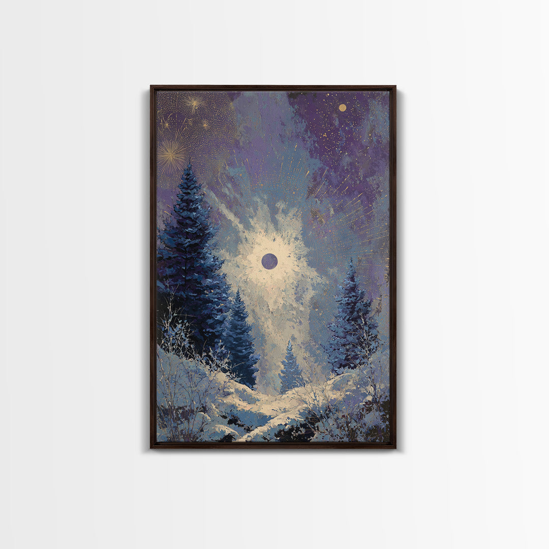 Aurora Borealis over Snowy Pines Framed Canvas Print, Celestial Art, Printable Wall Art, Living Room Decor, Fine Art, Celestial, CEL-2x3-73