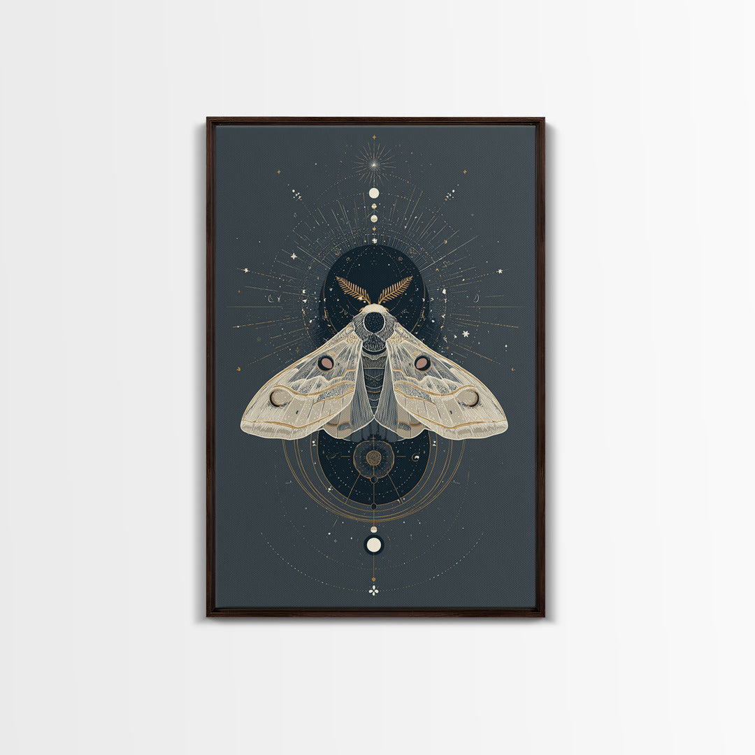 Celestial Moth with Moon Markings Framed Canvas Print, Celestial Art, Living Room Decor, Watercolor Art, Celestial, CEL-2x3-74
